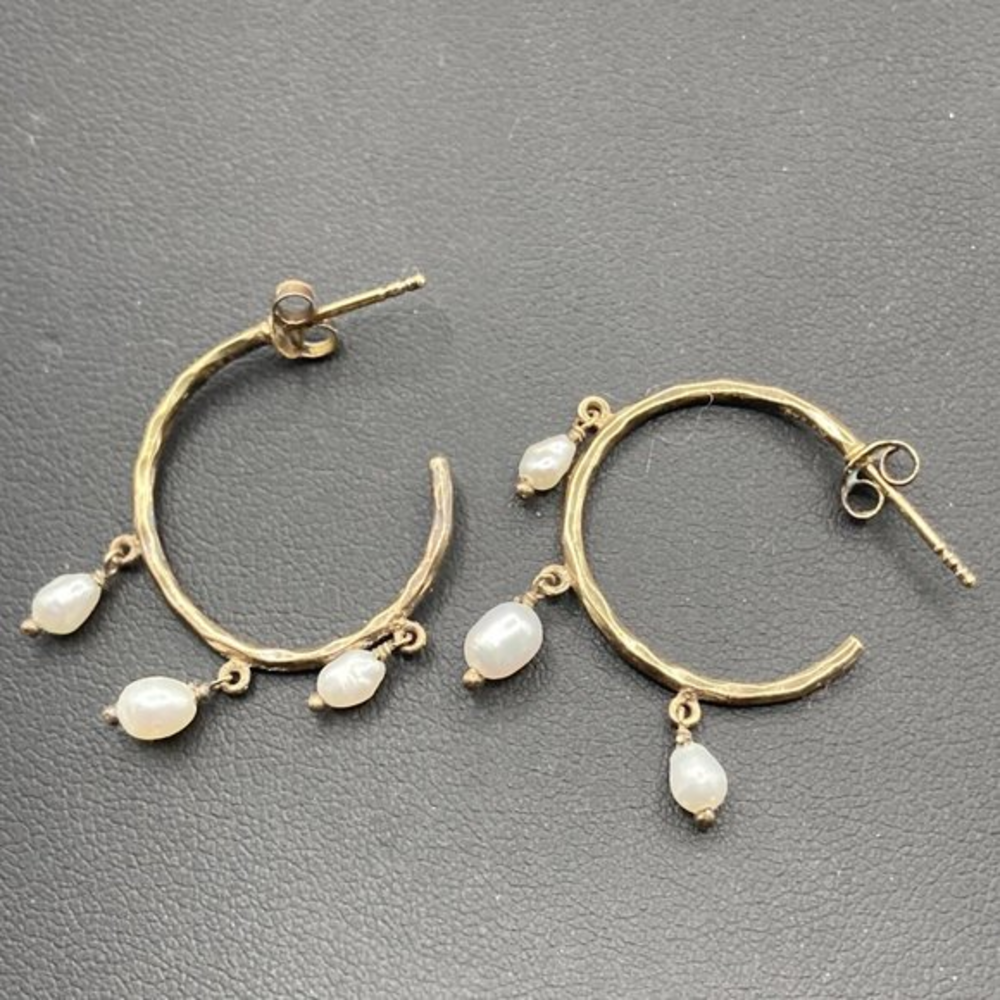 Pearl Hoop Gold Plated Sterling Silver Drop Dangle EARRINGS signed‎ AV